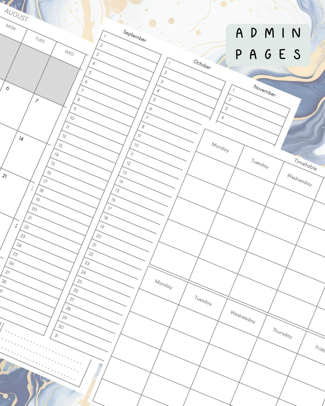 Blue & White Alcohol Ink Discbound UK Teacher Planner