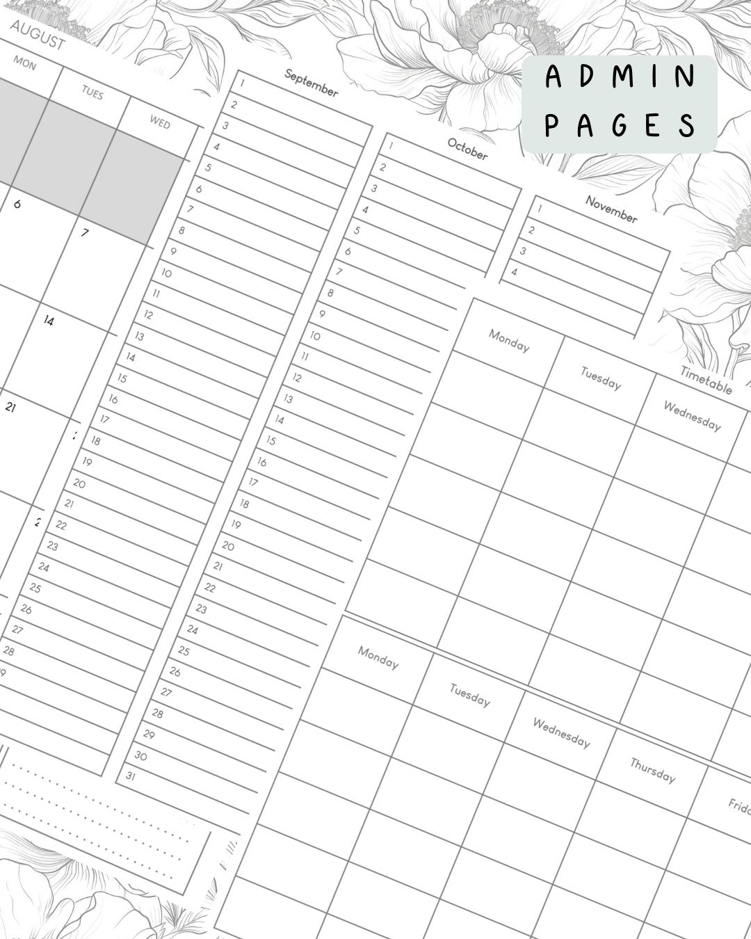 Black and White Floral Discbound UK Teacher Planner