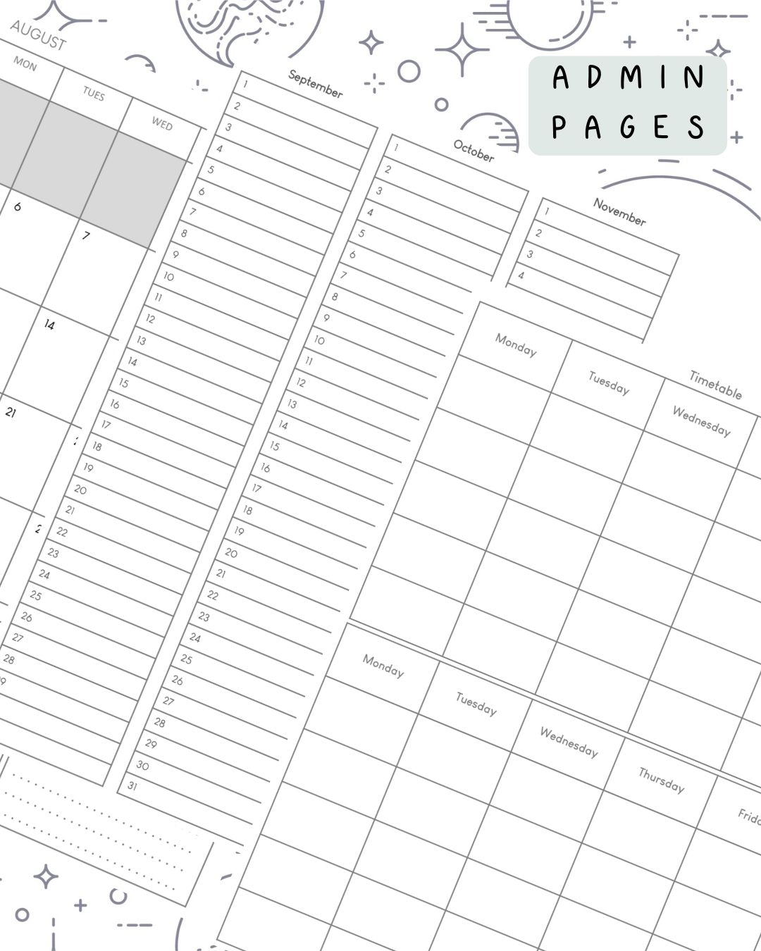 Space (Black and White) Discbound UK Teacher Planner
